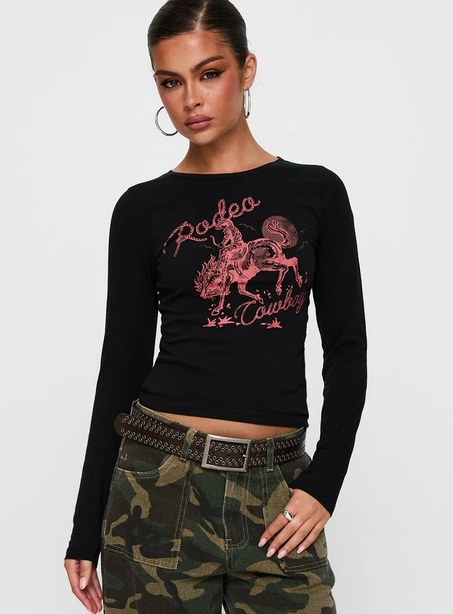 Rodeo Cowboy Long Sleeve Top Washed Wine | Princess Polly US