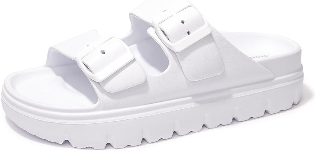 FUNKYMONKEY Women's Comfort Slides Double Buckle Adjustable EVA Flat Sandals | Amazon (US)