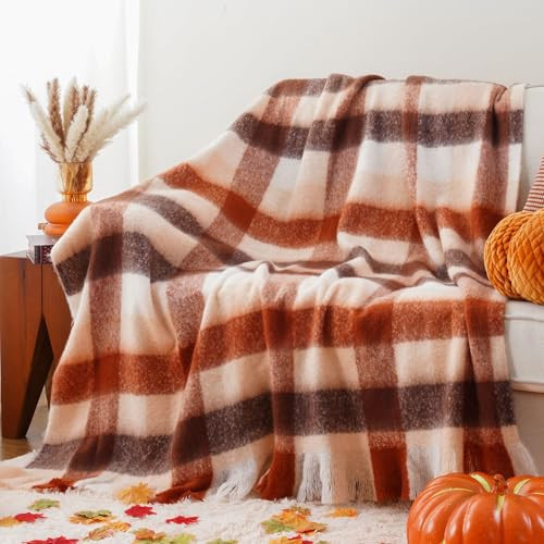 Battilo Rust Plaid Throw Blanket for Couch Bed, Soft Mohair Tartan Plaid Blanket, Farmhouse Style Checkered Pattern, Fall Throw Blankets for Home Decor(50"x60") | Amazon (US)