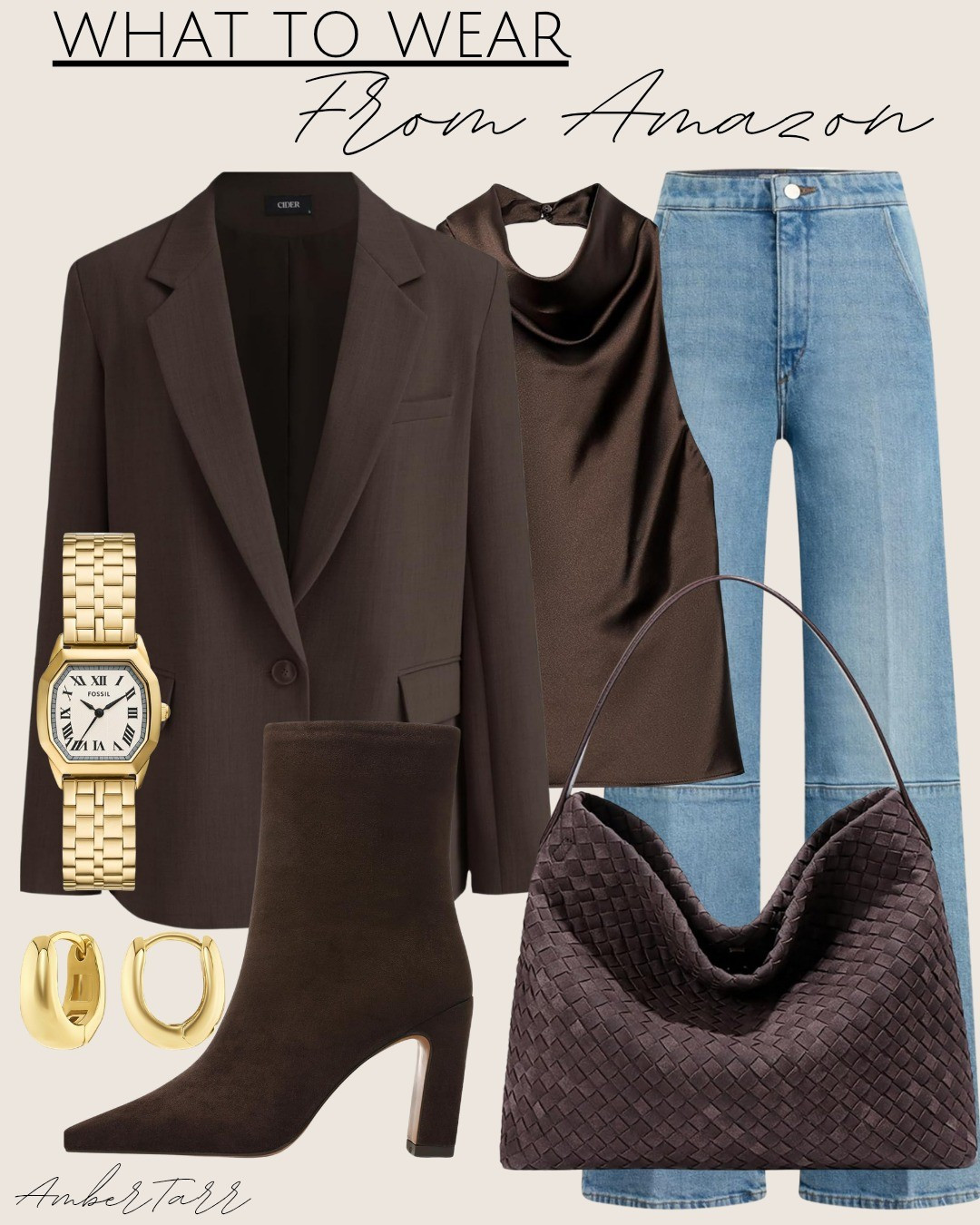 Neutral fall vibes. Linking this entire Amazon look—blazer, satin top, denim, boots, and accessories. Effortless, polished, and budget-friendly. 

#LTKFindsUnder50 #LTKFindsUnder100 #LTKOver40