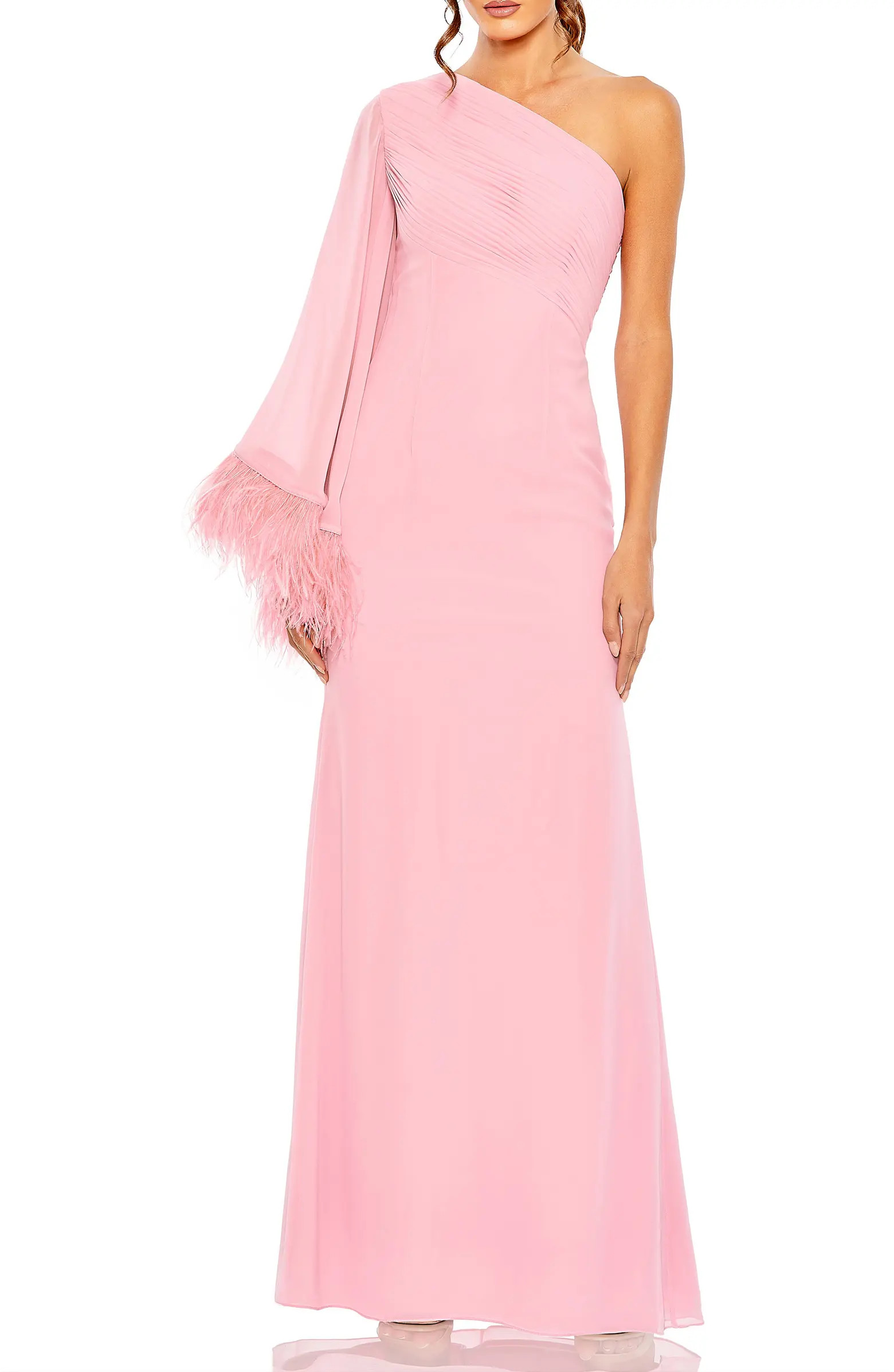 Feather Cuff One Shoulder Ruched Gown | Nordstrom