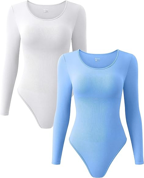 OQQ Women's 2 Piece Bodysuits Sexy Ribbed One Piece Crewneck Long Sleeve Bodysuit | Amazon (US)
