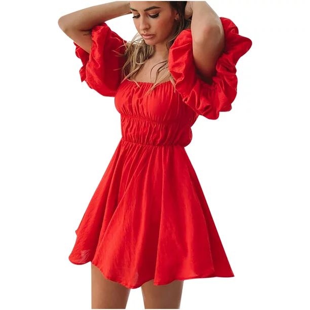Tuscom Women's Sleeveless Solid Slash-Neck Summer Puff Sleeve Above Knee, Mini Dress - Walmart.co... | Walmart (US)