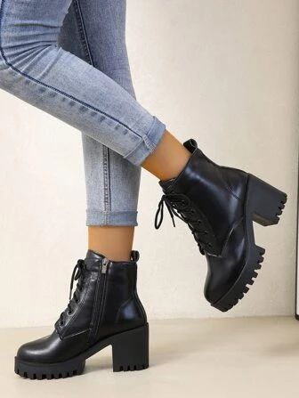 Zip Side Chunky Heeled Lace-up Front Combat Boots, Chunky Heel Black Elegant Pure Color Fashion W... | SHEIN