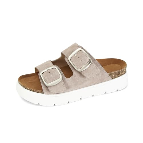 Gengzai Beige Platform Slides Sandals for Women Comfortable Summer Beach Sandal Leather Slip-on Sandals Buckle Casual Vacation Shoes | Amazon (US)