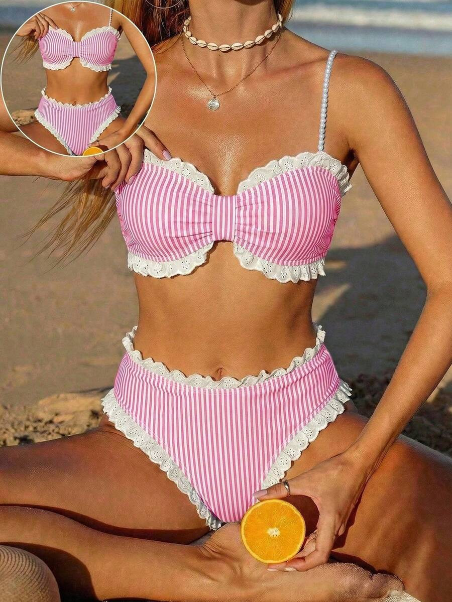 Swim Mod New Lace Decor Sweet Striped Frill Trim Bikini Set | SHEIN