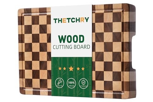 THETCHRY End Grain Cutting Boards for Kitchen, Wooden Cutting board, Acacia Wood Chopping Board with Juice Groove & Handle, Butcher Block for Meat, Bread & Fruit, 14"L x 11"W x 0.8"Th | Amazon (US)