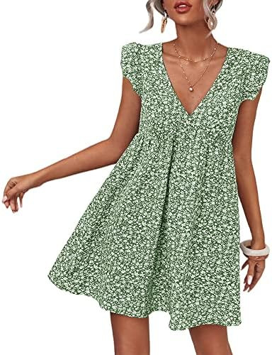 Women's Summer Dresses Casual V Neck Sleeveless Floral Ruffle Beach Dress | Amazon (US)