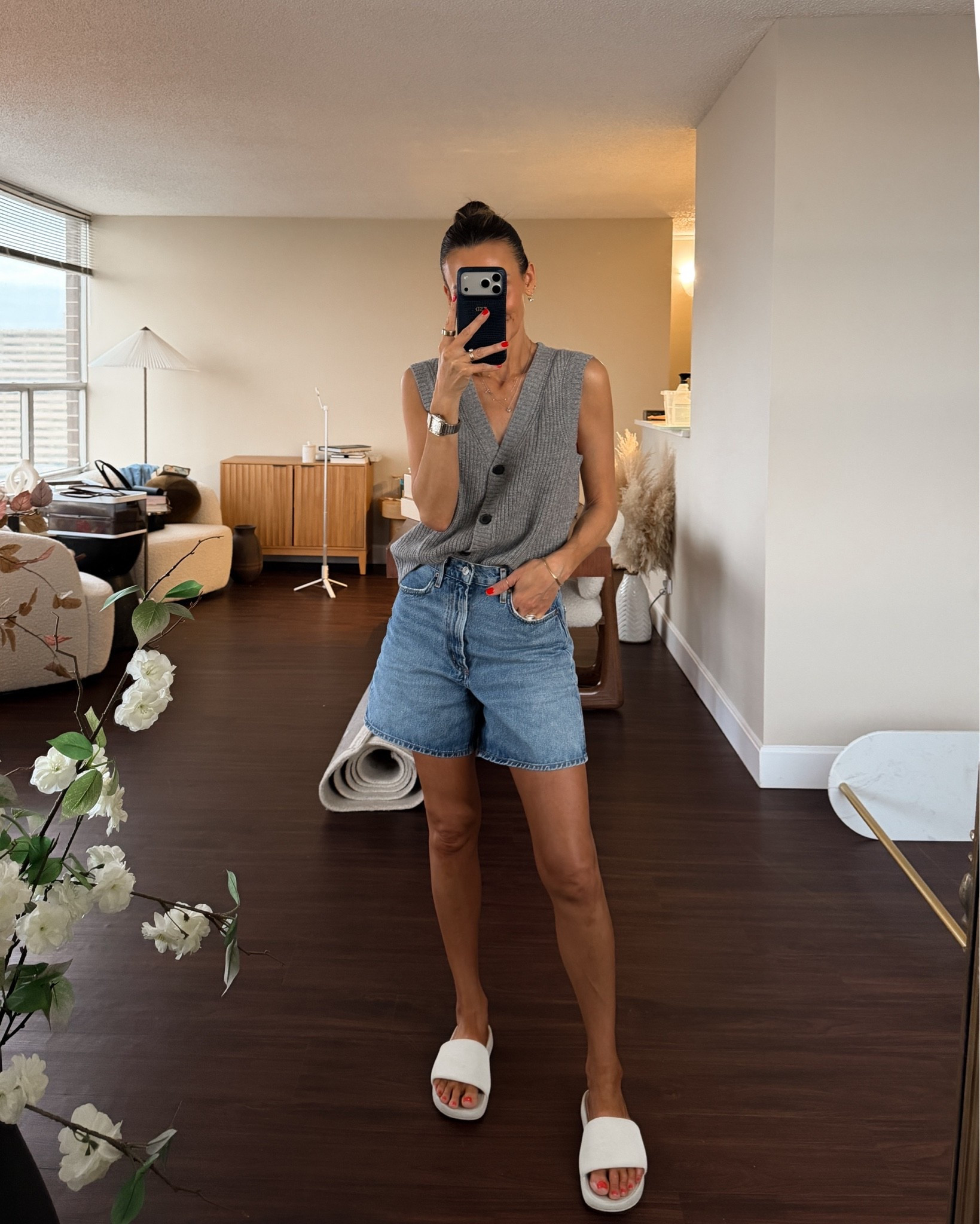 Moving day ootd - Cashmere vest perfect for spring! Comes in other colors, size xs 
Old Agolde Stella shorts, linking a few similars I’m loving! Size 25/ fits tts

#LTKootd #LTKstorytime #LTKSeasonal