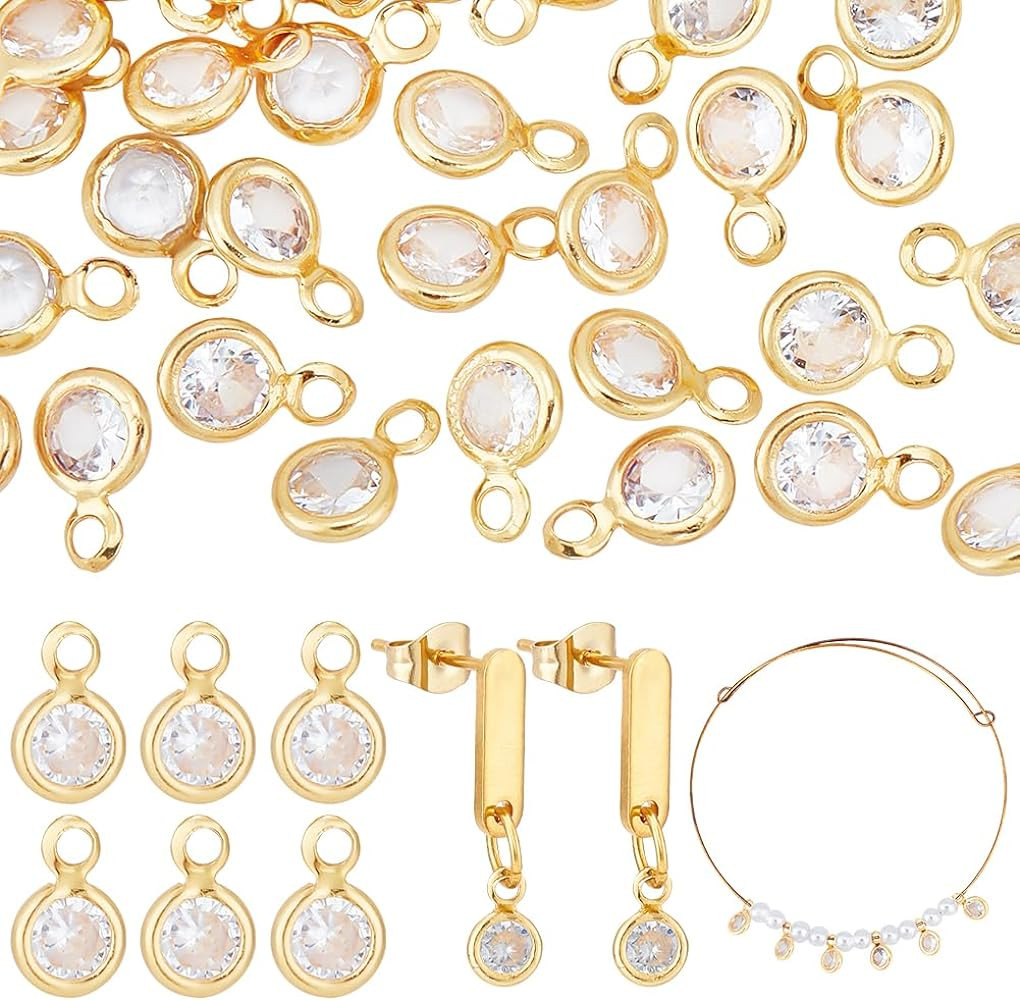 PH PandaHall 50pcs Cubic Zirconia Charms, 18K Gold Plated Round Crystal Charm Pendants Brass Crys... | Amazon (US)