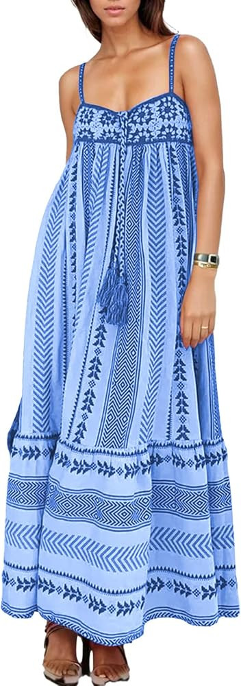 Women Boho Ethnic Maxi Dress Crochet Patchwork Slip Sleeveless Long Lace Flowy Swing Dress Beach ... | Amazon (US)