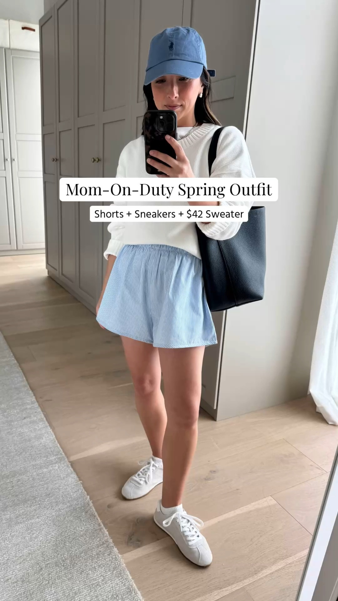 Mom-on-duty outfit idea wearing shorts and sneakers.

Quince sweater small 
Everlane tee medium
Recreational Habits shorts medium
Amazon socks small
Dolce vita sneakers 6 - size up!
Polo Ralph Lauren hat
The Row bag small
Dorsey earrings medium
Dorsey James necklace 15"

Spring outfits 2026, summer outfits

#LTKootd #LTKmomlife #LTKPetite