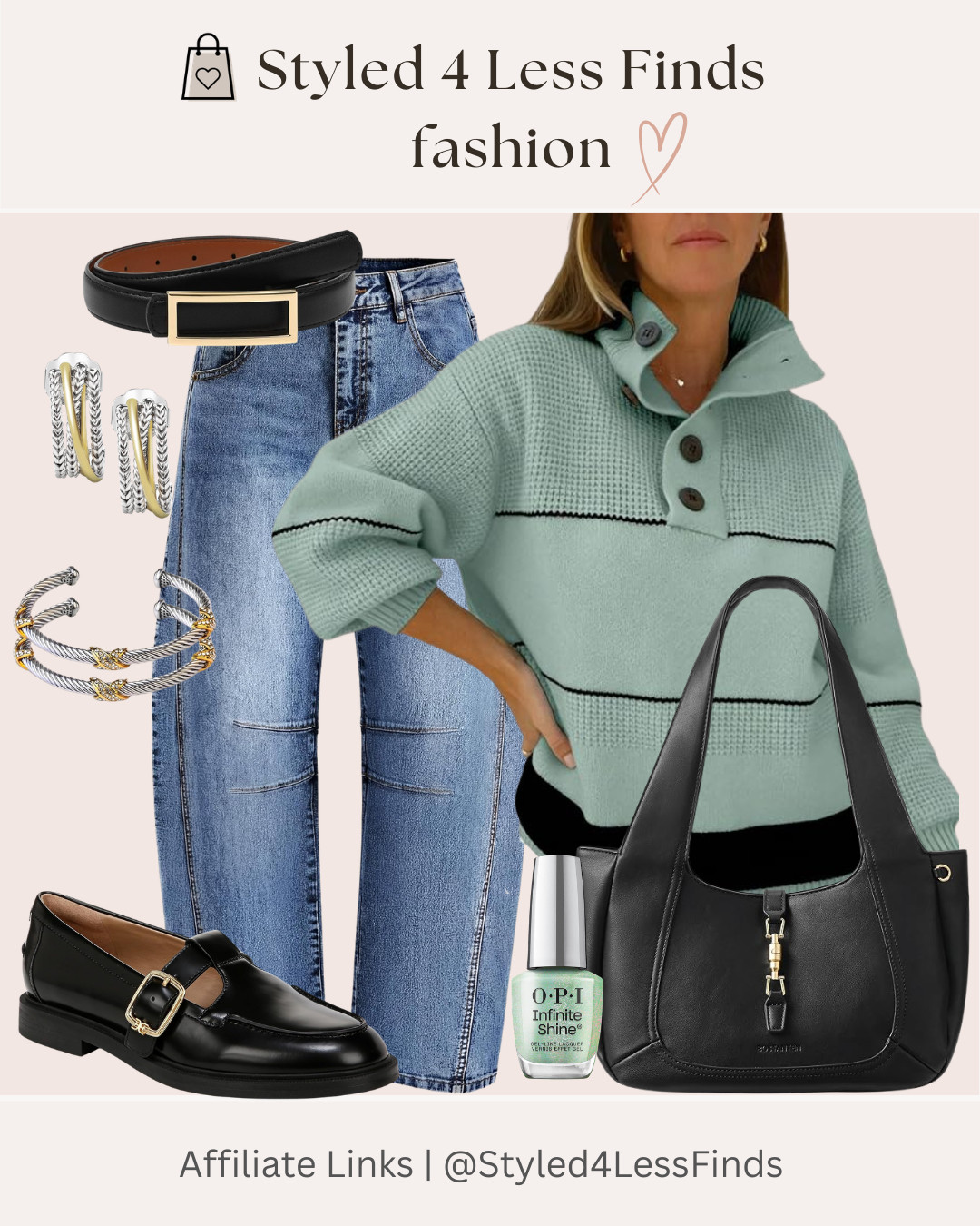 This outfit is all about those elevated everyday pieces that make getting dressed so easy! 🤍

I love how the soft sage sweater adds a fresh pop of color to classic denim, while the black loafers, belt, and handbag pull everything together for a polished look. The gold-and-silver jewelry adds just the right amount of detail. ✨

Style Tip: When wearing a softer color like sage, anchor the outfit with black accessories for an instantly more polished and sophisticated look. Mixing metals in your jewelry keeps it modern and effortless! 

 #LTKcanada #LTKfall #LTKover50style