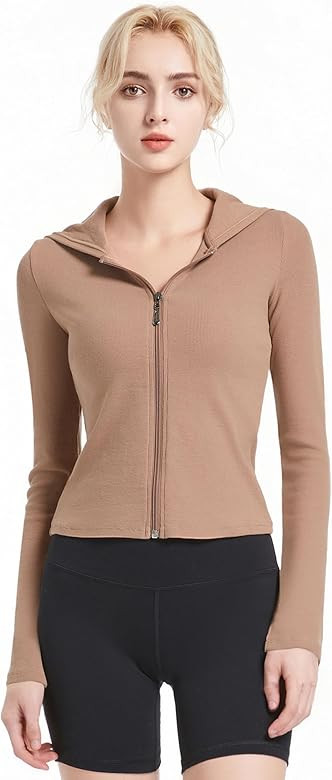 Abonlen Ribbed Hoodies for Women Lightweight Full Zip Up Jackets Long Sleeves Tops Fitted Cropped... | Amazon (US)