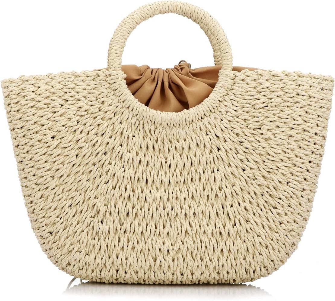 Straw Tote for Women, Straw Beach Bag Summer Large Woven Round Top Handle Handbag Hobo Natural Ra... | Amazon (US)