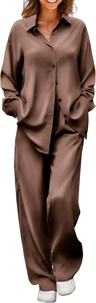 Ekouaer Womens 2 Piece Silk Satin Pajama Set Long Sleeve Lounge Sets Button Down Shirts and Pants... | Amazon (US)