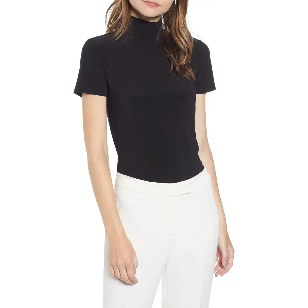 Anne Klein Short Sleeve Mock Neck Top in Anne Black at Nordstrom, Size Xx-Small | Nordstrom