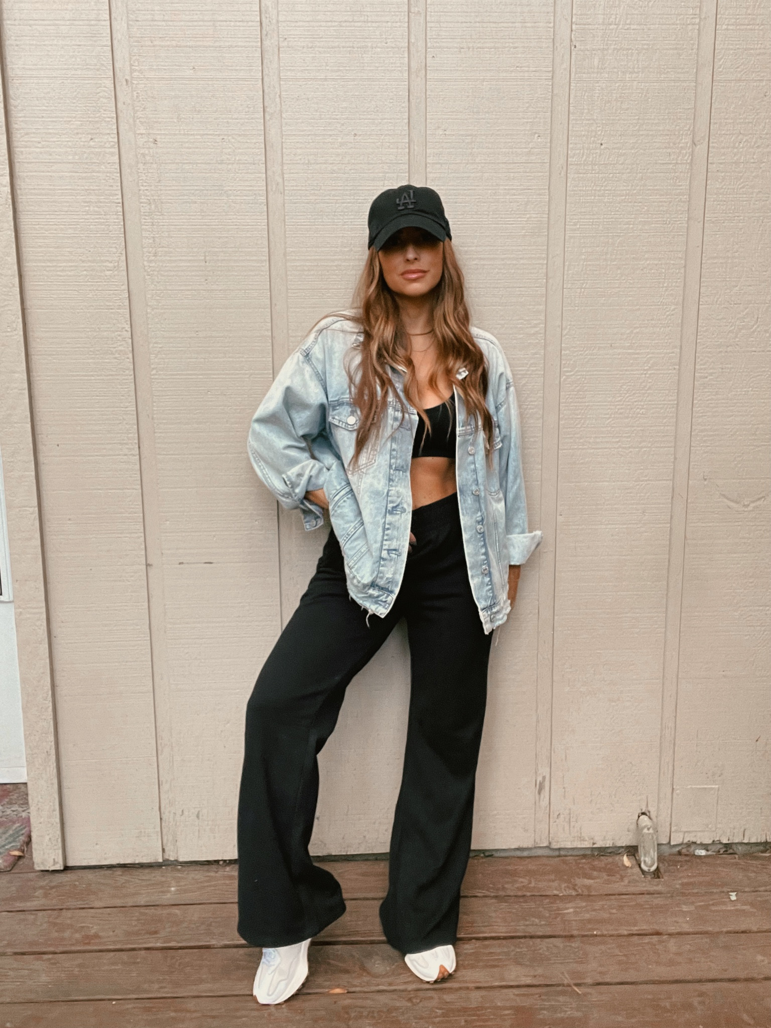 Denim jacket, Target sweats, wide leg sweats, sneakers, baseball cap