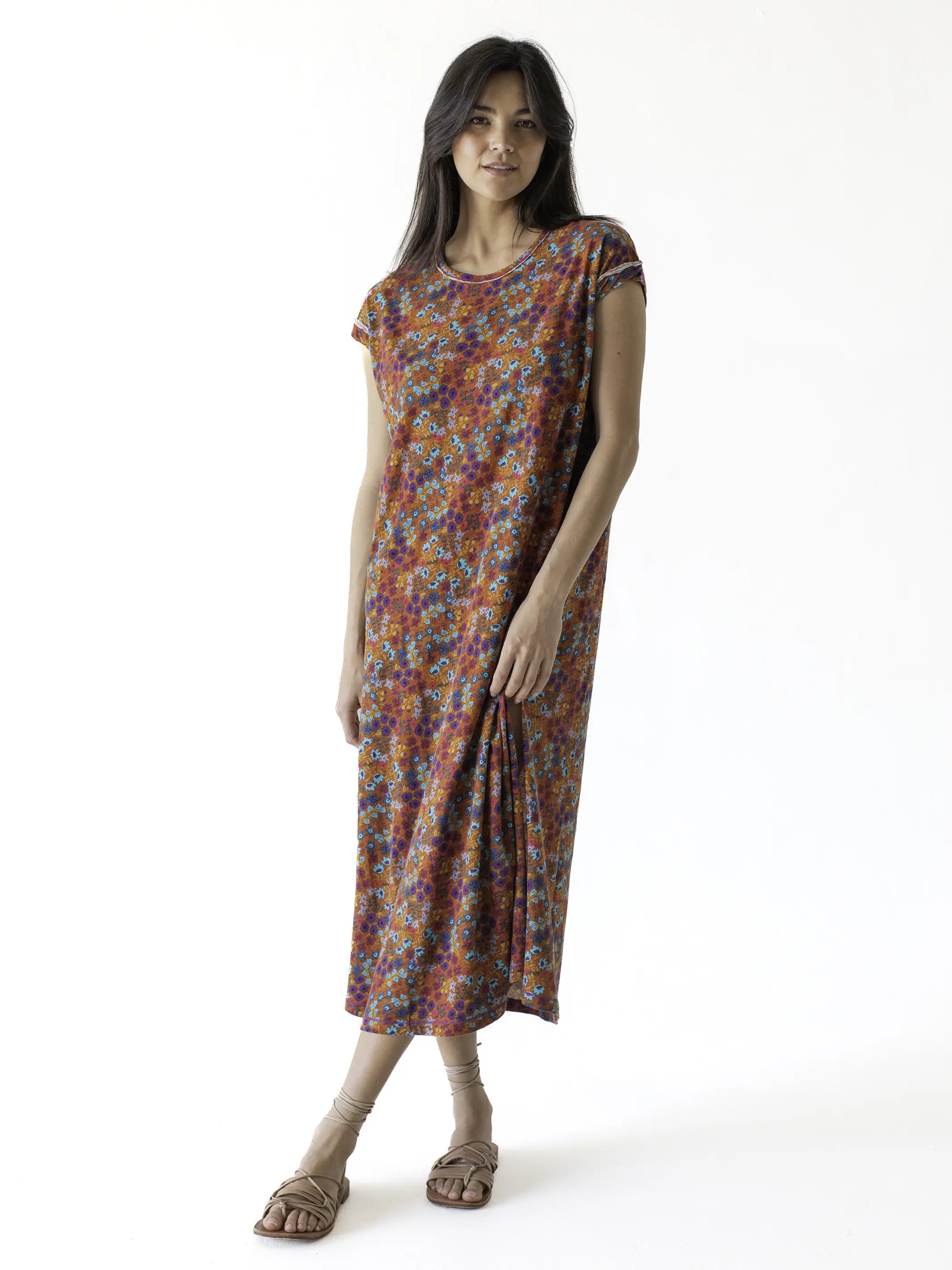 Frankie Knit Cotton Tee Midi Dress - Vintage Cream Floral | Natural Life