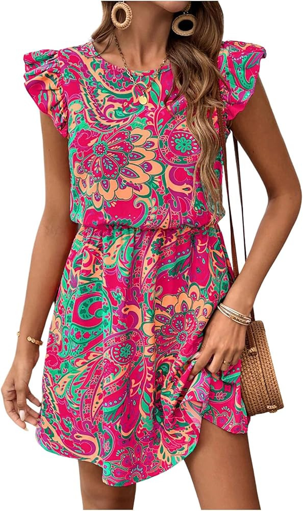 Women's Paisley Floral Ruffle Cap Sleeve Boho Dress Crew Neck Tie Back Vacation Summer Dresses | Amazon (US)