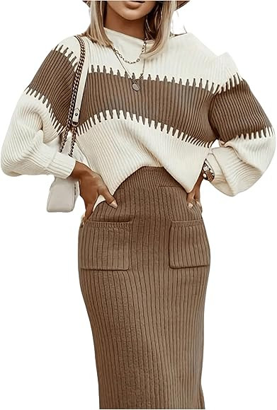 Women's Two Piece Outfits Colorblock Long Sleeve Crew Neck Sweater and Skirt Set | Amazon (US)