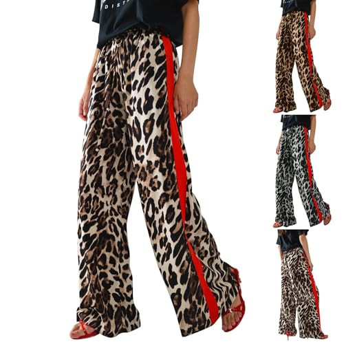 Animal Print Pants for Women Leopard Wide Leg Pants Drawstring Leopard Print Color Block Side Striped Straight Leg Wide Leg Loose Casual Pant | Amazon (US)