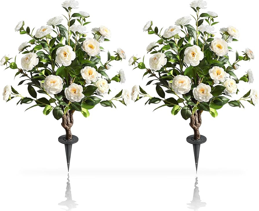 36''Artificial Camellia Tree, 2 Pack Soil Insertion w/Spike,Flower Plants, Faux Floral Plant Bloo... | Amazon (US)
