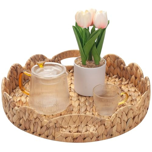 Yangqihome Round Scalloped Serving Tray, 14 inch Decorative Water Hyacinth Scalloped Basket with Built-in Handles, Round Ottoman Trays for Coffee Table for Kitchen and Living Room | Amazon (US)