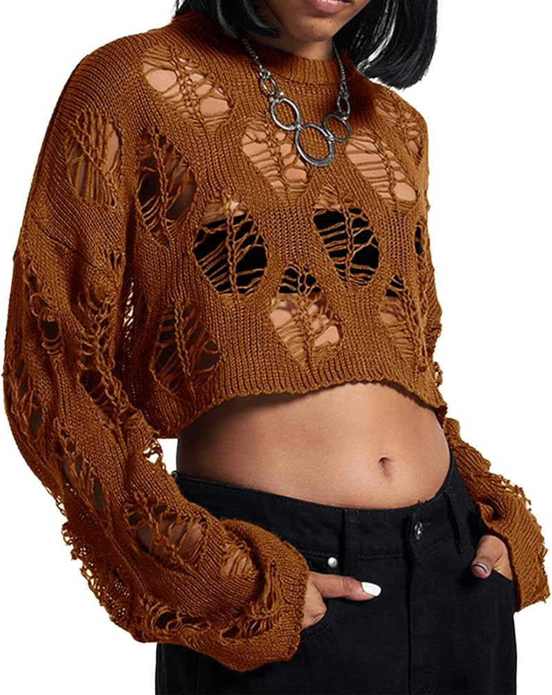 Women's See Through Hole Ripped Crop Tops Knit Pullover Short Sweaters | Amazon (US)