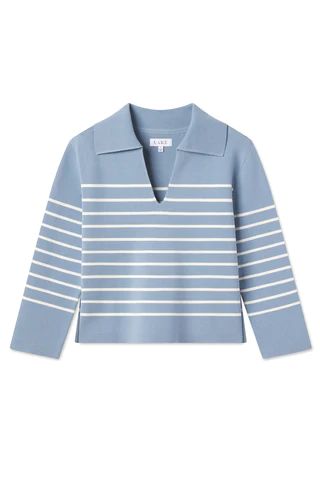Lydia Cotton Sweater in Dusty Blue Ivory Stripe | Lake Pajamas