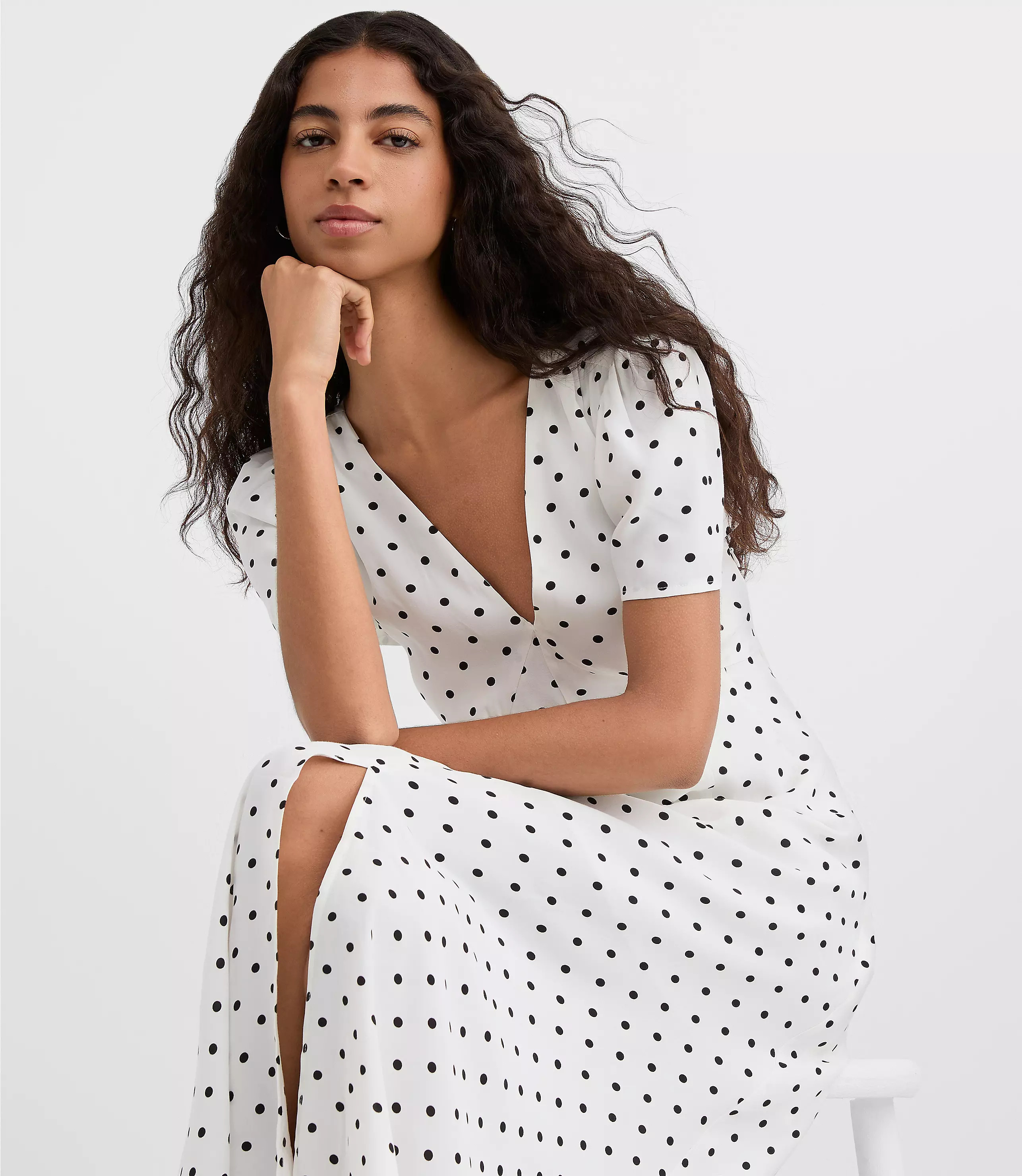 Dotted V-Neck Midi Dress | LOFT