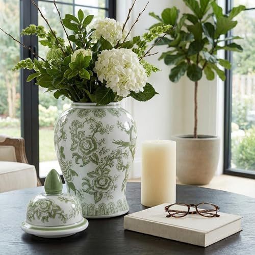 Temple Decorative Jar with Lid – Chinoiserie Ceramic Decorative Stoneware for Home Decor – Modern Centerpiece for Living Room, Bedroom & Office – 14.25", Green & White | Amazon (US)