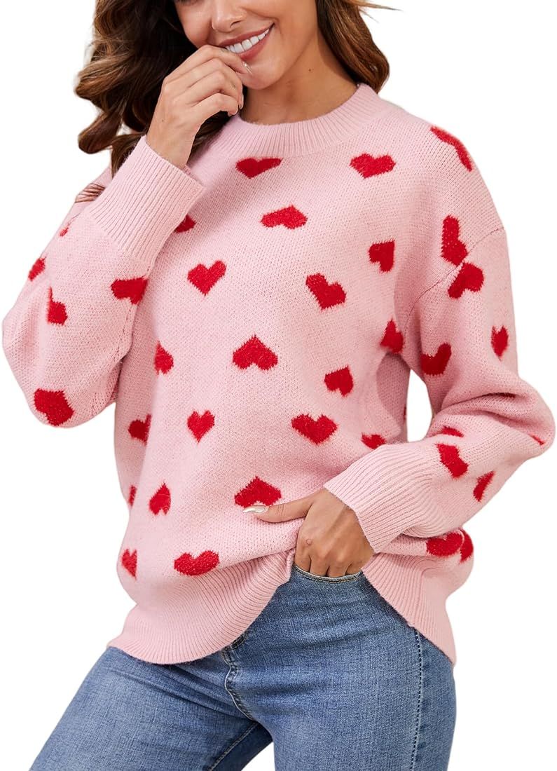 Gihuo Valentine Heart Sweater for Women Cute Kawaii Casual Crewneck Long Sleeve Knitted Pullover ... | Amazon (US)