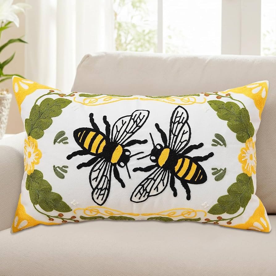 Spring Pillow Covers 12x20 Inch Summer Bee Decor Lumber Embroidered Throw Pillowcases for Home Fa... | Amazon (US)
