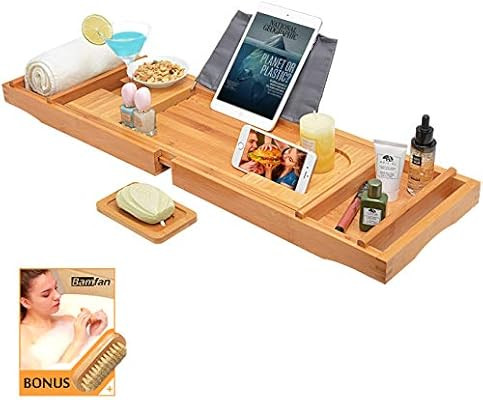 Bath Caddy Tray for Bathtub - Bamboo Adjustable Organizer Tray for Bathroom with Free Soap Dish S... | Amazon (US)
