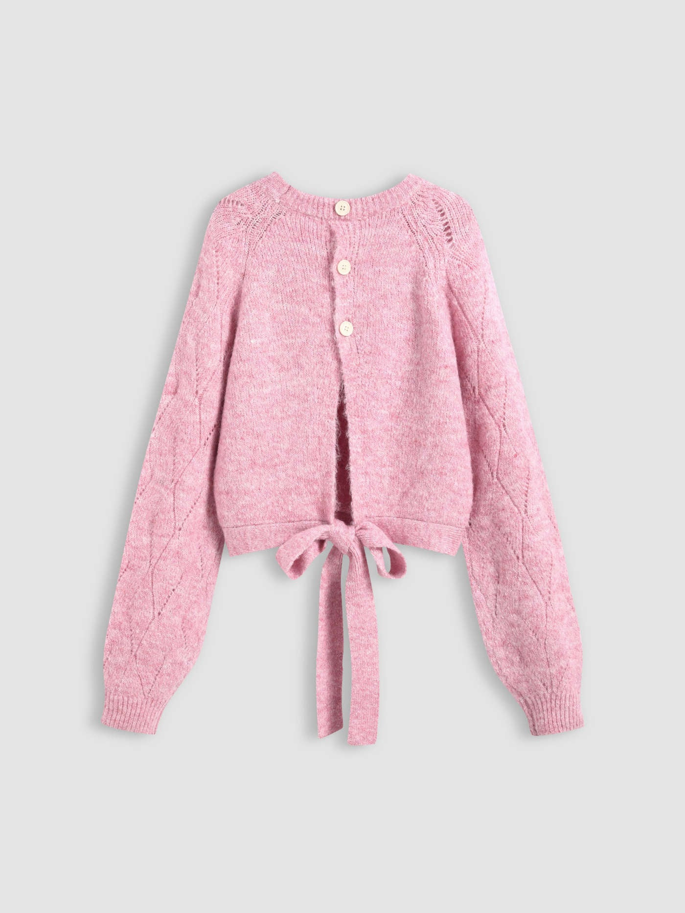 Knit Round Neckline Hollow Out Rhombus Knotted Long Sleeve Top | Cider