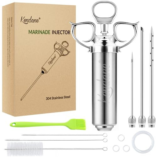 Meat Injector Syringe 2-oz Marinade Flavor Barrel 304 Stainless Steel with 3 Marinade Needles for BBQ Grill Smoker, Turkey, Fish, Brisket, Paper Silicone Brush and Instruction Included by Kendane | Amazon (US)