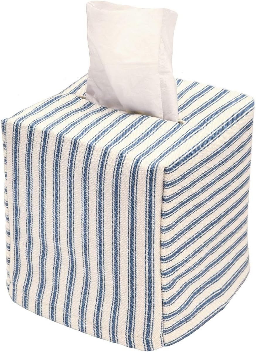 Fabric Tissue Box Cover, Tissue Holder Slipcover, Slips Over Square Cube Cardboard Facial Tissue Boxes -Decorative Blue Bathroom Decor Ticking Stripe, Cotton, Lined | Amazon (US)