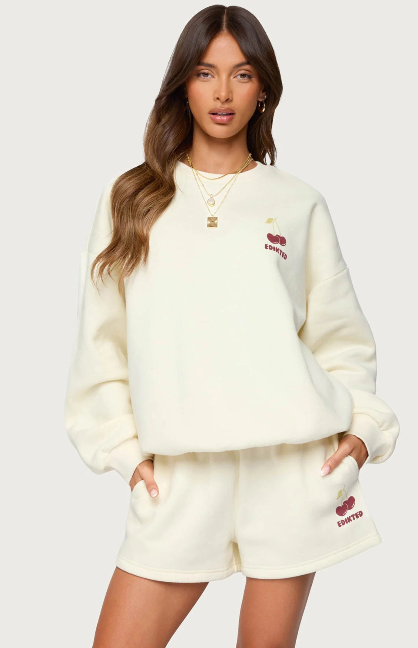 Edikted Women's Cherry Babe Sweatshirt in Cream - Size Medium | PacSun