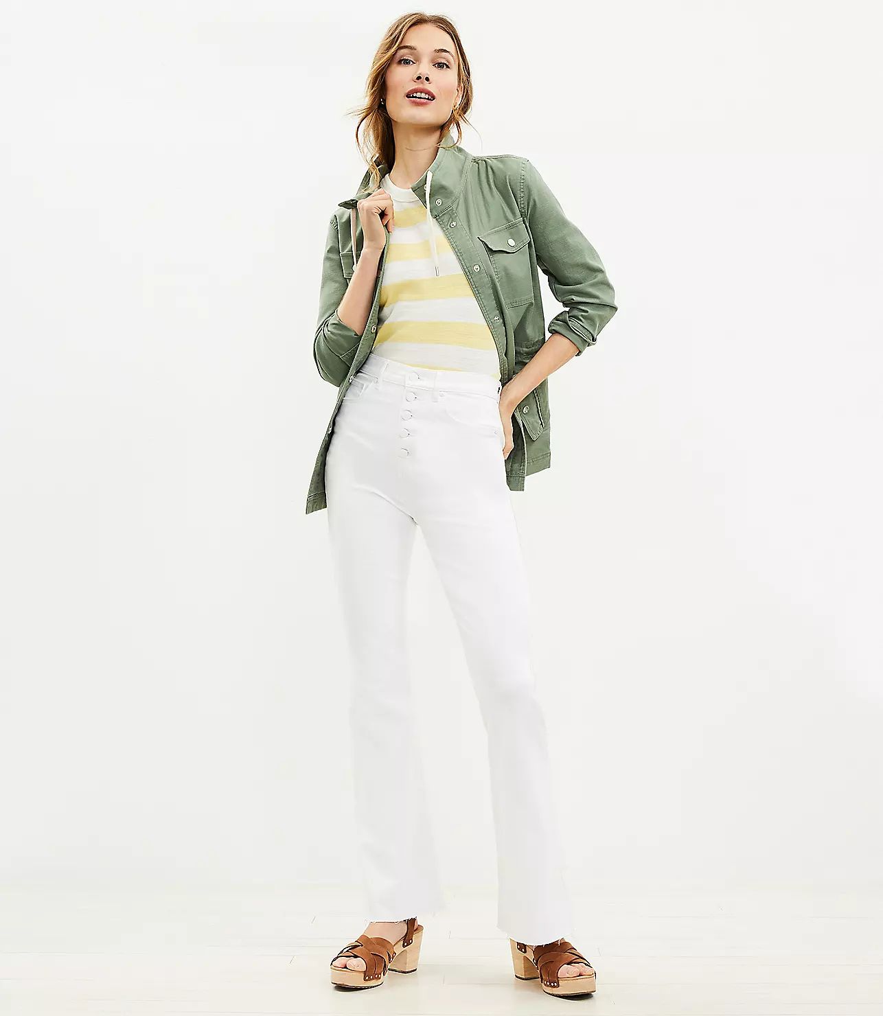 Button Front Fresh Cut High Rise Slim Flare Jeans in White | LOFT