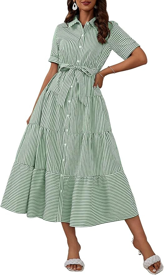 ebossy Women's Boho Striped Shirt Dress Button Down Belted Flowy Ruffles Loose A Line Maxi Long D... | Amazon (US)