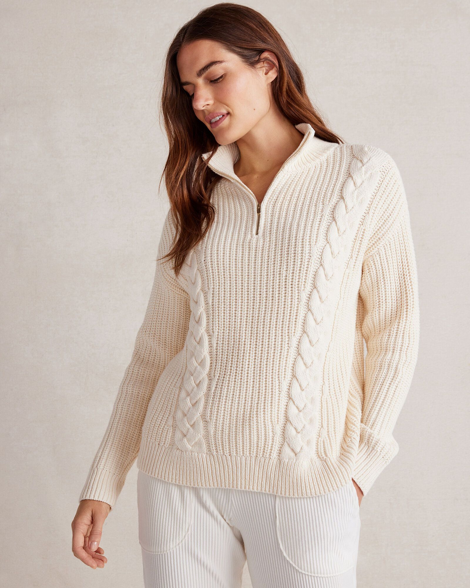 Shaker Stitch Half-Zip Cable Knit Sweater | Haven Well Within