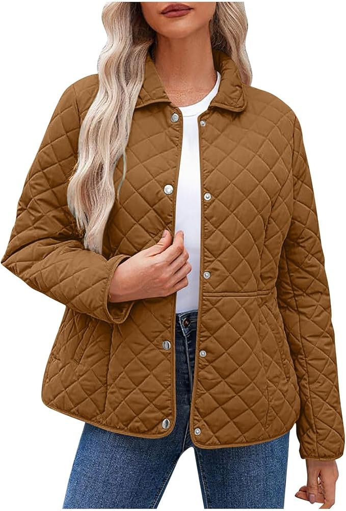Quilted Jackets For Women Long Sleeve Button Down Lightweight Puffer Jacket Outerwear Coats with ... | Amazon (US)