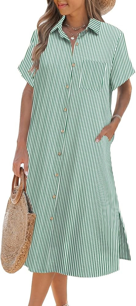 HOTOUCH Womens Dress Summer Casual Midi Short Sleeve Button Down Shirt Dress Loose Beach Beach Co... | Amazon (US)