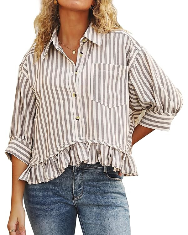 CHYRII Womens Summer Tops Dressy Casual Blouse Top Ruffled Short Sleeve Button Down Striped Shirt | Amazon (US)