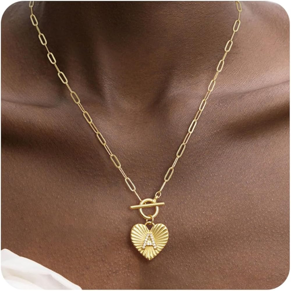 Initial Necklaces for Women Trendy,14k Gold Plated A-Z Personized Custom Toggle Clasp Heart Penda... | Amazon (US)
