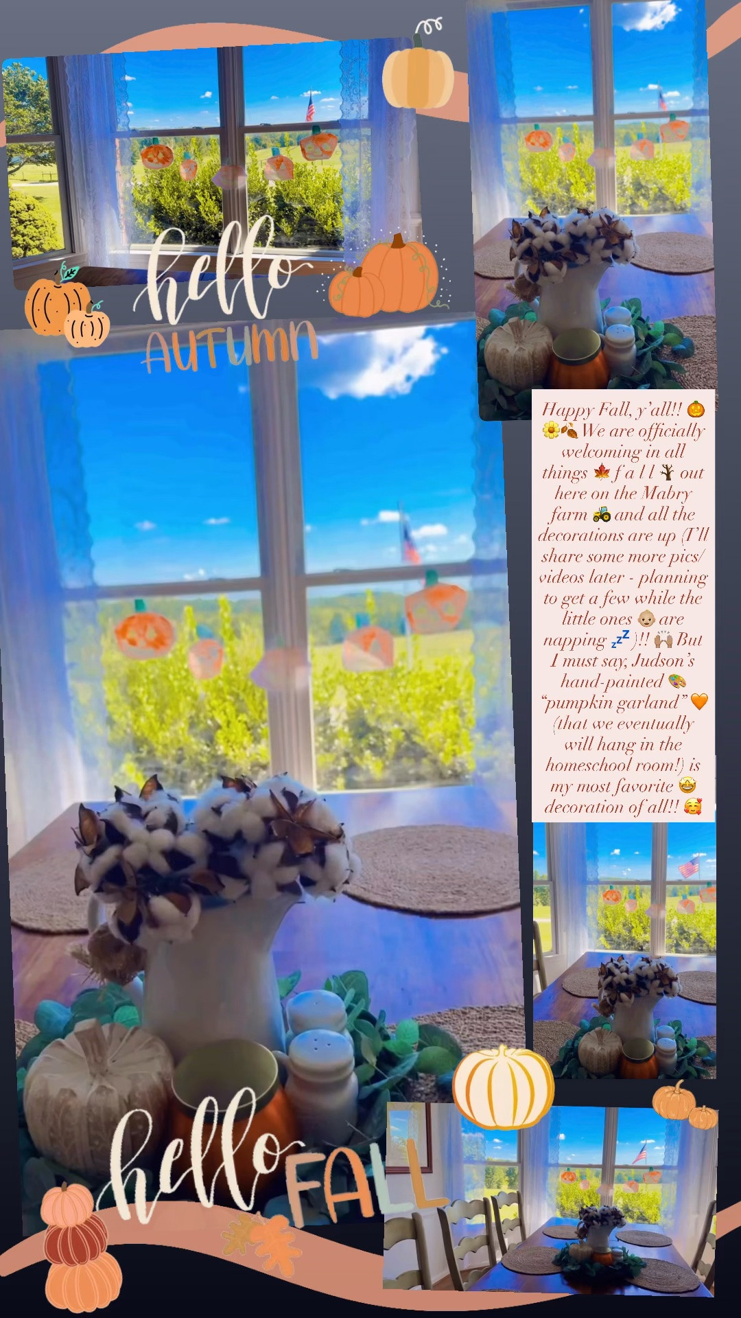 Happy Fall, y’all!! 🎃🌼🍂 We are officially welcoming in all things 🍁 f a l l 🪾 out here on the Mabry farm 🚜 and all the decorations are up (I’ll share some more pics/videos later - planning to get a few while the little ones 👶🏼 are napping 💤 )!! 🙌🏽 But I must say, Judson’s hand-painted 🎨 “pumpkin garland” 🧡 (that we eventually will hang in the homeschool room!) is my most favorite 🤩 decoration of all!! 🥰
