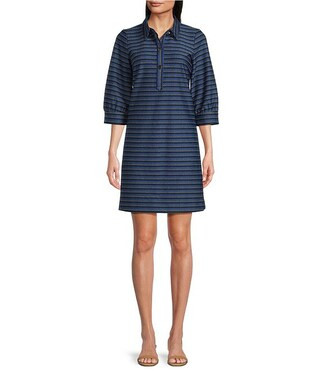 Knit Stripe Point Collar 3/4 Sleeve Button Front Dress | Dillard's