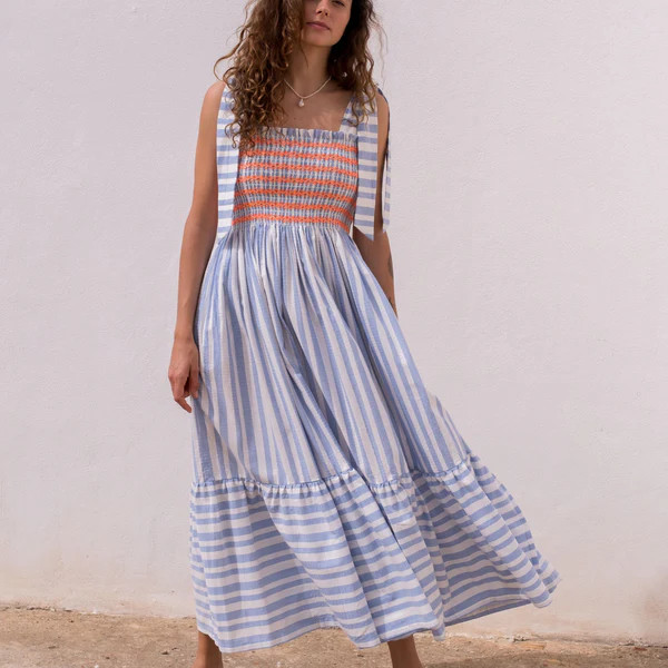 Grace Hopper Women's Maxi Dress Horizon Stripes with You've Been Tango'd Hand Smocking | Smock London