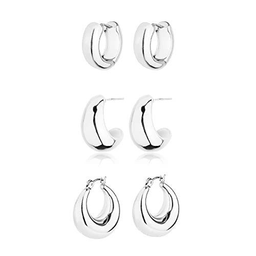 Silver Chunky Hoop Earrings Set for Women, 14K Gold Plated Twisted Huggie Hoop Earring Hypoallergenic, Thick Open Hoops Set Lightweight | Amazon (US)